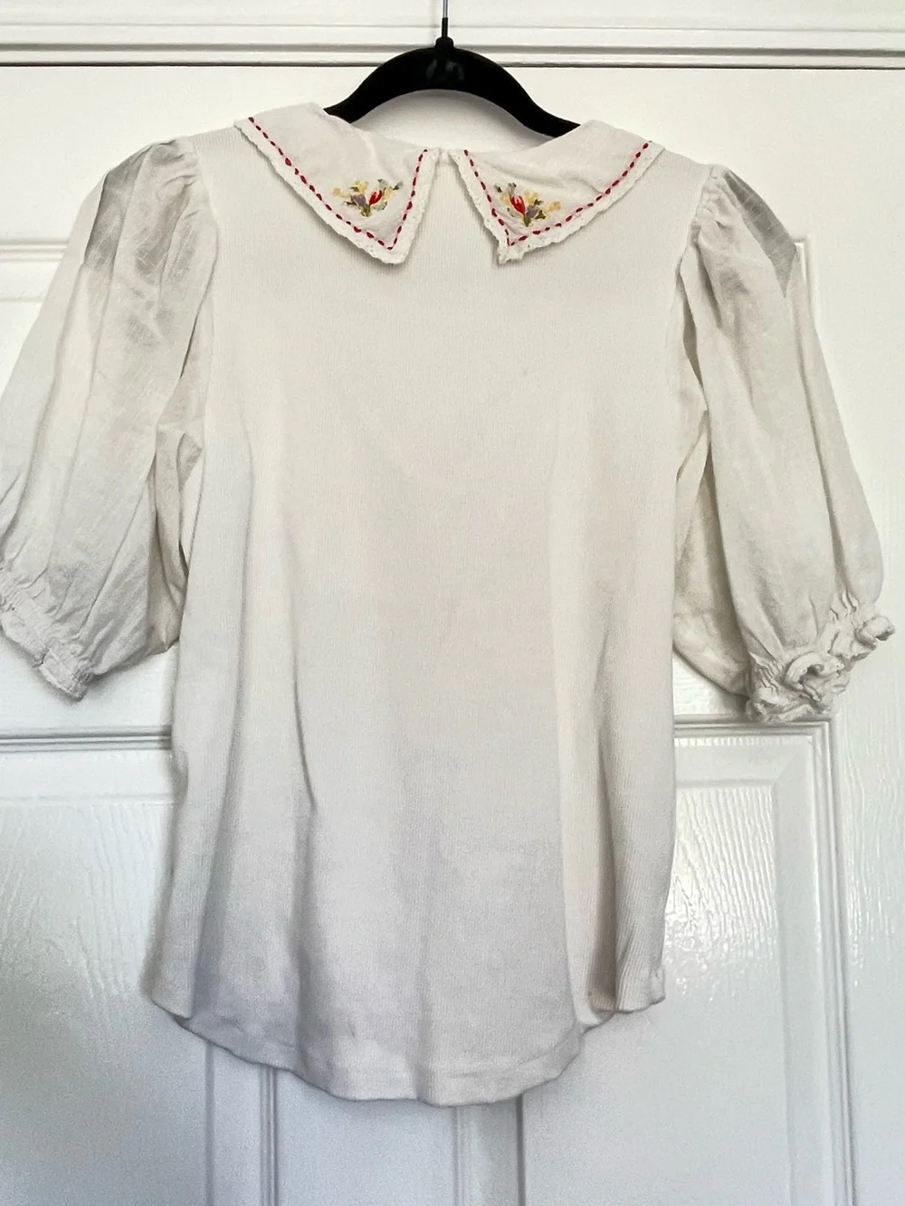 Anthropologie White V-Neck Puff Sleeve Top with Embroidered Collar